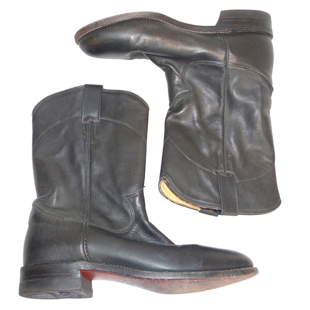 Justin L3620 Black Leather Roper Western Boots‎ Womens 7 B Made in USA Round Toe